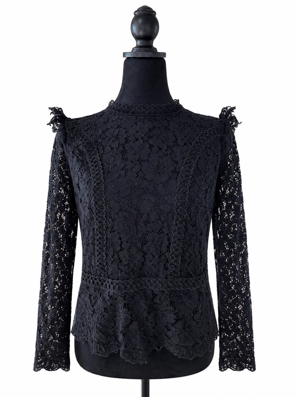 Womens Black Lace Shirt Long Sleeve Mock Neck Y2K Dark Academia Gothic M